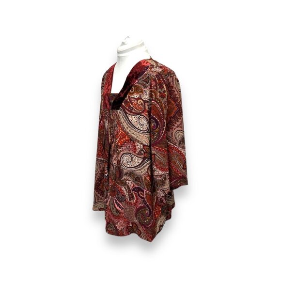 New Directions Paisley & Velvet Trim Tunic Top 1X Red/Multicolor Women's Boho Ch - Picture 2 of 7